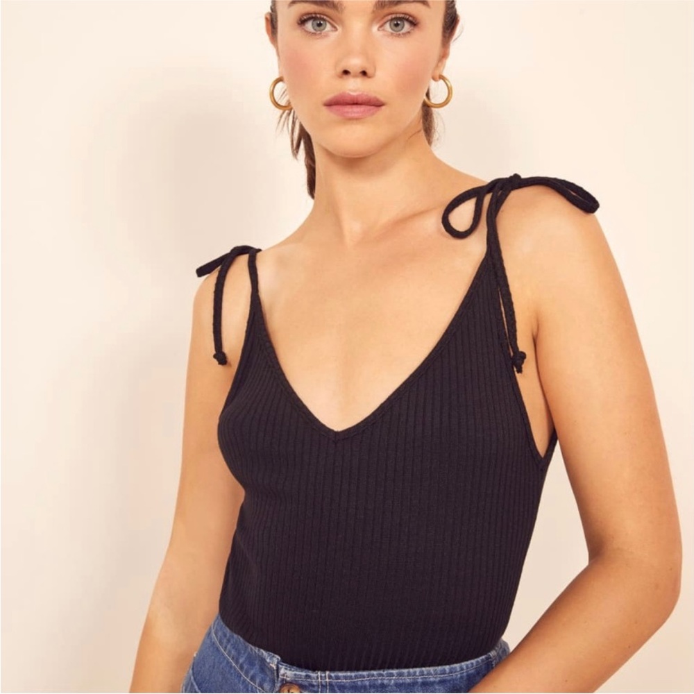 Reformation NEW XS NO TAGS Black Ribbed Tie-Strap Top